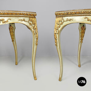 Gold and green corner wood consoles with lumachella marble top, 1700s