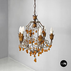 Amber glass drop chandelier in golden metal, 1930s