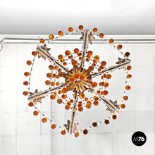 Load image into Gallery viewer, Amber glass drop chandelier in golden metal, 1930s
