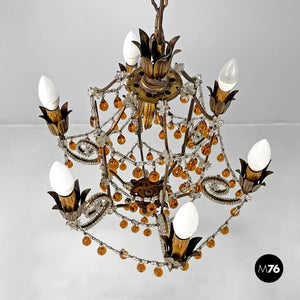 Amber glass drop chandelier in golden metal, 1930s