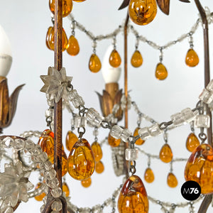 Amber glass drop chandelier in golden metal, 1930s