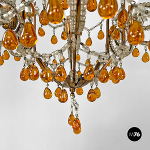 Amber glass drop chandelier in golden metal, 1930s