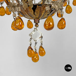 Amber glass drop chandelier in golden metal, 1930s