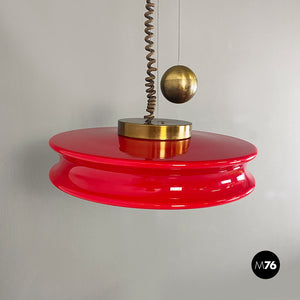 Red glass and brass Orion chandelier by Schwarz and Staff for Staff Leuchten, 1960s