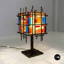 Load image into Gallery viewer, Brass and colored glass table lamp, 1950s
