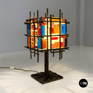 Brass and colored glass table lamp, 1950s