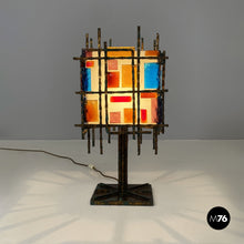 Load image into Gallery viewer, Brass and colored glass table lamp, 1950s
