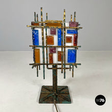 Load image into Gallery viewer, Brass and colored glass table lamp, 1950s
