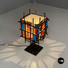 Load image into Gallery viewer, Brass and colored glass table lamp, 1950s
