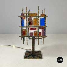 Load image into Gallery viewer, Brass and colored glass table lamp, 1950s
