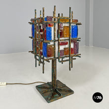 Load image into Gallery viewer, Brass and colored glass table lamp, 1950s
