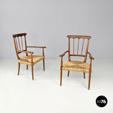 Load image into Gallery viewer, Armchairs in wood and straw with brass feet, 1950s
