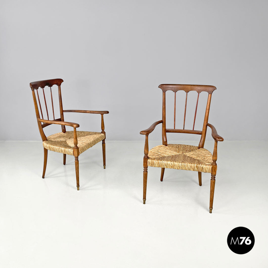 Armchairs in wood and straw with brass feet, 1950s