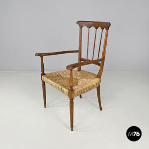 Armchairs in wood and straw with brass feet, 1950s