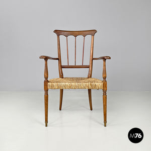 Armchairs in wood and straw with brass feet, 1950s