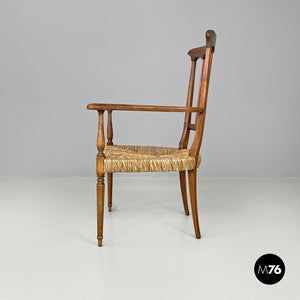 Armchairs in wood and straw with brass feet, 1950s