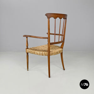 Armchairs in wood and straw with brass feet, 1950s