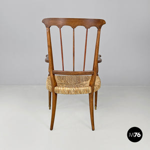 Armchairs in wood and straw with brass feet, 1950s