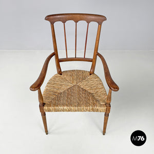 Armchairs in wood and straw with brass feet, 1950s