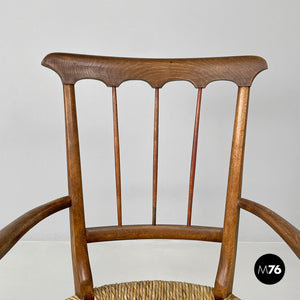 Armchairs in wood and straw with brass feet, 1950s