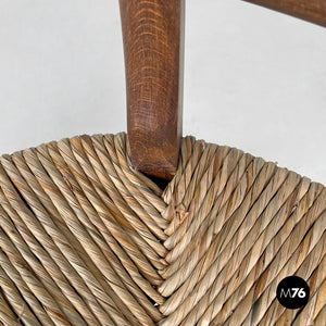 Armchairs in wood and straw with brass feet, 1950s