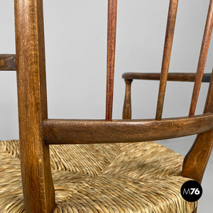 Armchairs in wood and straw with brass feet, 1950s