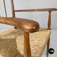 Load image into Gallery viewer, Armchairs in wood and straw with brass feet, 1950s
