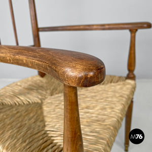 Armchairs in wood and straw with brass feet, 1950s