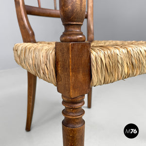 Armchairs in wood and straw with brass feet, 1950s