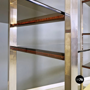 Metal, wood, smoked glass and brass bookcase by Alain Delon, 1980s