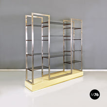 将图片加载到图库查看器，Metal, wood, smoked glass and brass bookcase by Alain Delon, 1980s
