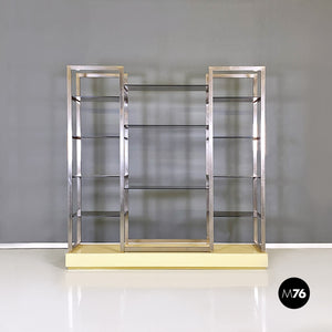 Metal, wood, smoked glass and brass bookcase by Alain Delon, 1980s