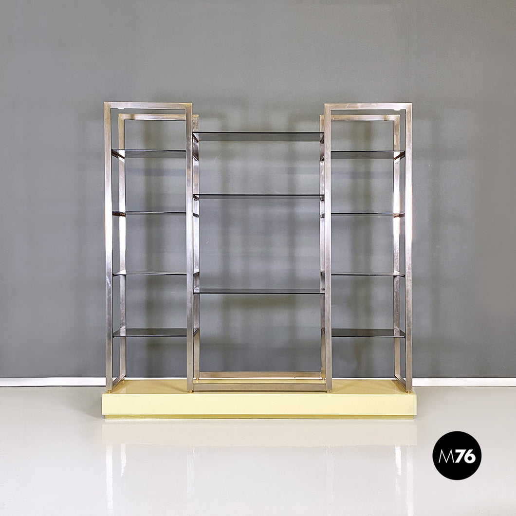 Metal, wood, smoked glass and brass bookcase by Alain Delon, 1980s