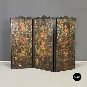 Wooden screen with collage, 1800s