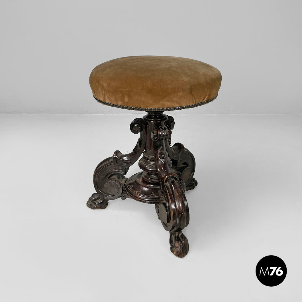 Wood and brown velvet stool, late 1800s