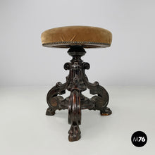 Carica l&#39;immagine nel visualizzatore di Gallery, Wood and brown velvet stool, late 1800s
