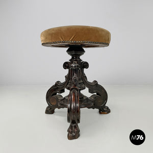 Wood and brown velvet stool, late 1800s