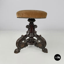 Carica l&#39;immagine nel visualizzatore di Gallery, Wood and brown velvet stool, late 1800s
