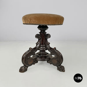 Wood and brown velvet stool, late 1800s