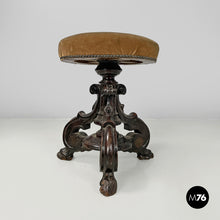 Carica l&#39;immagine nel visualizzatore di Gallery, Wood and brown velvet stool, late 1800s
