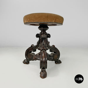 Wood and brown velvet stool, late 1800s