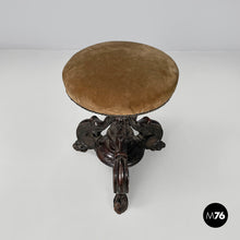 Load image into Gallery viewer, Wood and brown velvet stool, late 1800s
