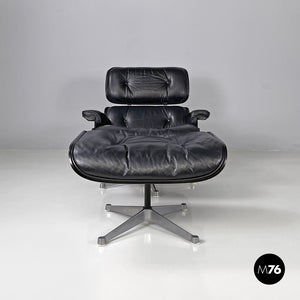 Black leather armchair and pouf 670 671 by Charles and Ray Eames for ICF, 1970s