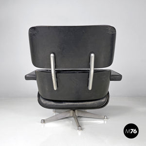 Black leather armchair and pouf 670 671 by Charles and Ray Eames for ICF, 1970s