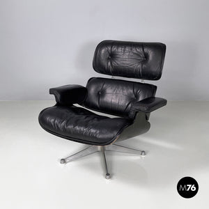 Black leather armchair and pouf 670 671 by Charles and Ray Eames for ICF, 1970s