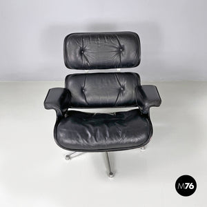 Black leather armchair and pouf 670 671 by Charles and Ray Eames for ICF, 1970s