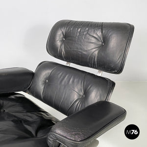 Black leather armchair and pouf 670 671 by Charles and Ray Eames for ICF, 1970s