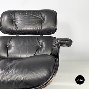 Black leather armchair and pouf 670 671 by Charles and Ray Eames for ICF, 1970s