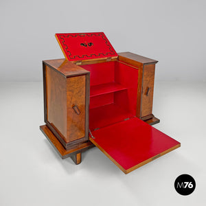 Wooden bar cabinet with red interior and inlay decorations, 1930s