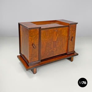 Wooden bar cabinet with red interior and inlay decorations, 1930s